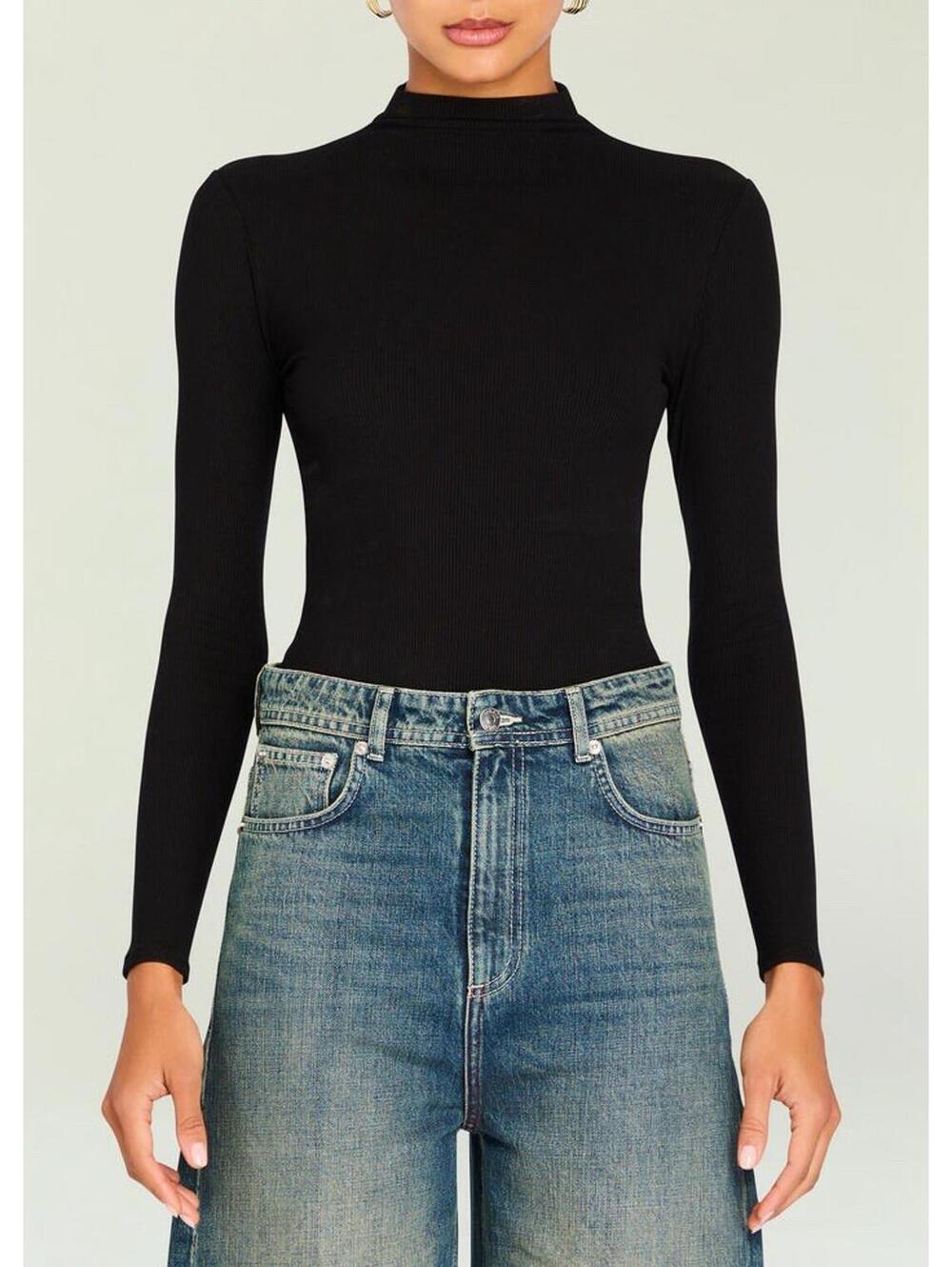 Ser.O.Ya Meg Mock Neck Bodysuit Black Sz L Contemporary